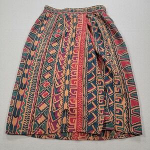 Vintage Schrader 100% Silk Midi Skirt Aztec Tribal Print Women's 10 Southwest